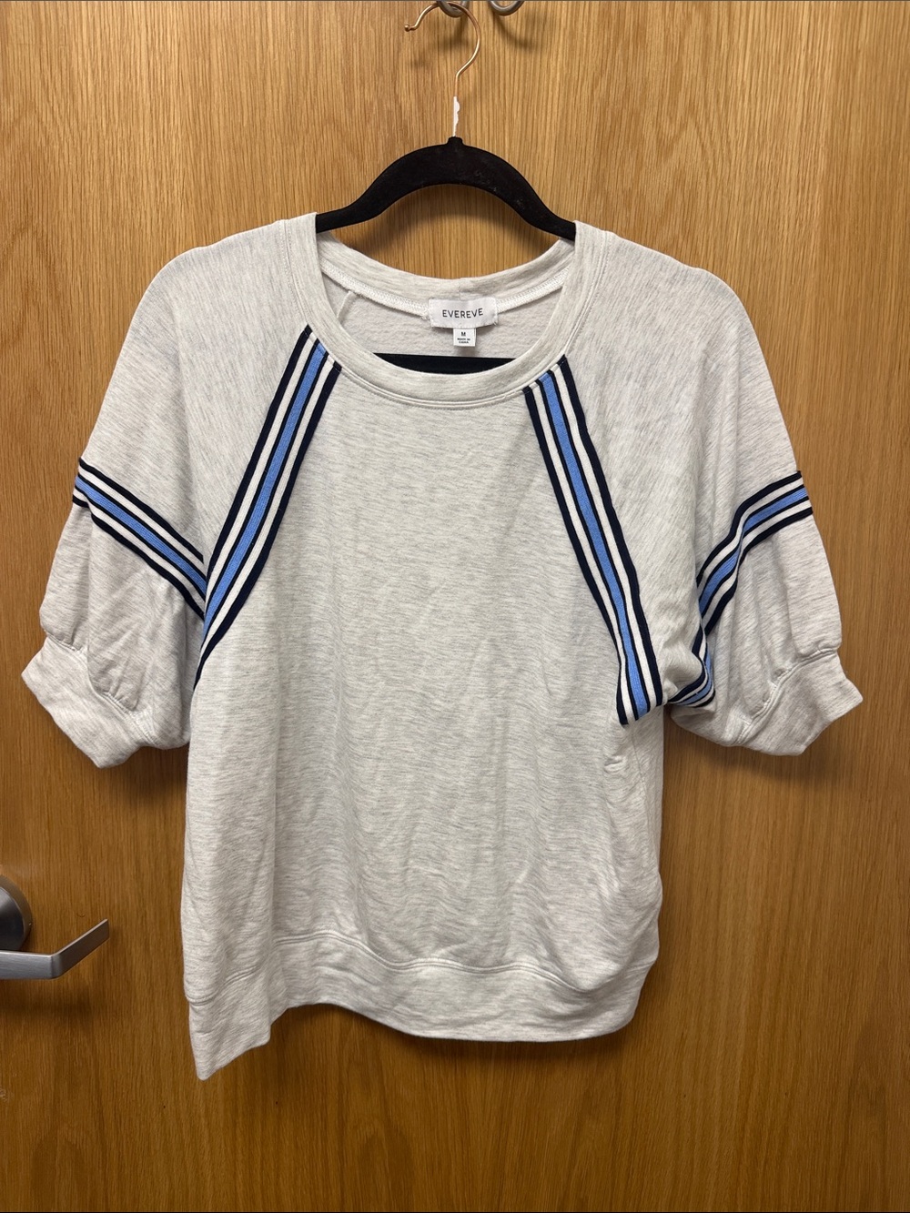 Evereve Light Gray Short-Sleeve Sweatshirt with Blue Stripe Accents